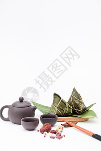 美食摆拍端午粽子茶壶静物白色桌面摄影背景