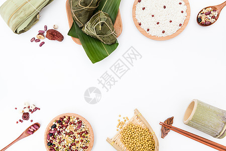 端午节古风仙女端午粽子食物配料桌面摆拍白色背景背景