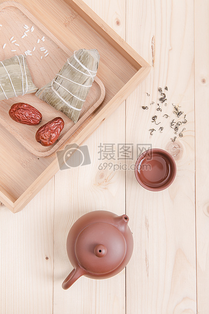 清新文艺端午茶艺与粽子桌面图片