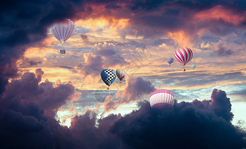 远方风景云层里的氢气球设计图片