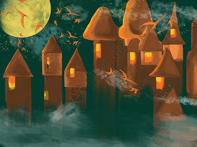城堡月夜唯美插画图片