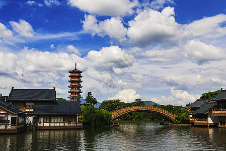 古风蓝色木龙湖之夏背景