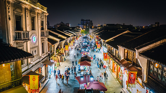 街头夜景航拍杭州清河坊街背景