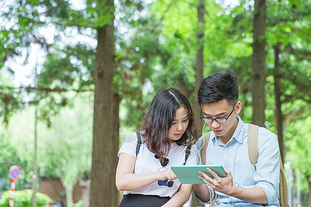 坐着女模特文静男女大学生坐着看平板电脑背景