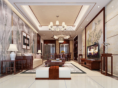 新中式客厅设计效果图古色古香高清图片素材