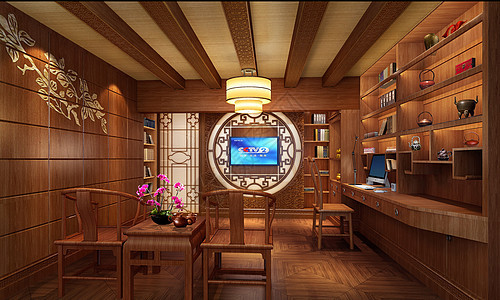 中式书房设计效果图花鸟高清图片素材