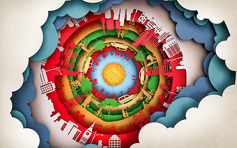 城市插画C4D创意设计-现代都市建筑剪影时光隧道设计图片