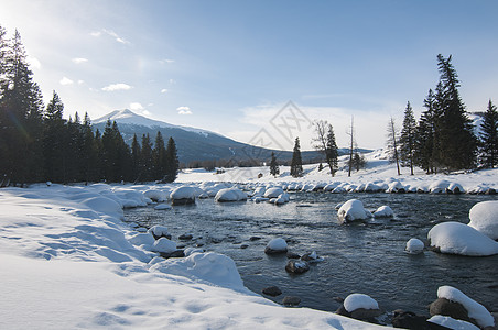 大美新疆喀纳斯雪景雪山河流背景