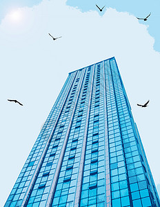 动漫风景创意转手绘-城市建筑与高空飞行的鸟背景