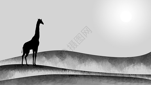 手绘水墨中国风-孤独的长颈鹿背景图片