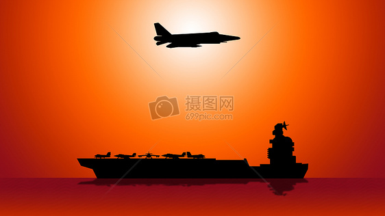 剪影-海面上的船与空中的飞机图片