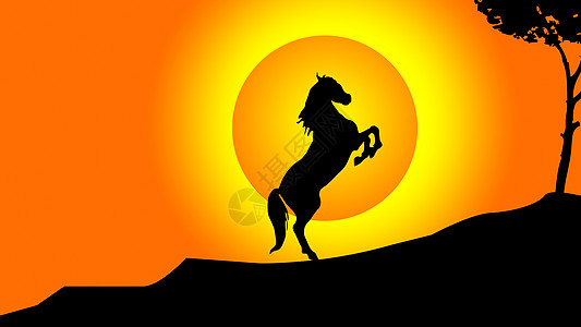剪影-夕阳下站立的马背景图片