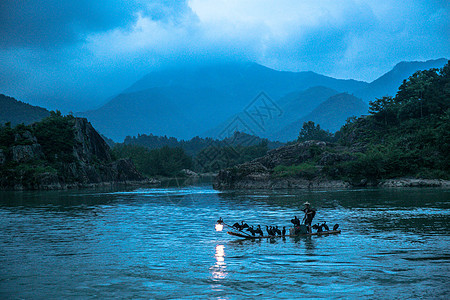 捕鱼山水素材夜间捕鱼背景