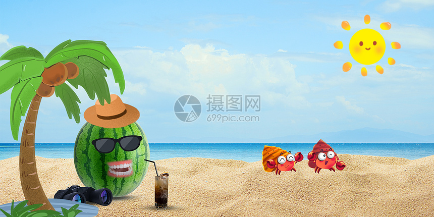 夏天西瓜在阳光海滩乘凉度假图片