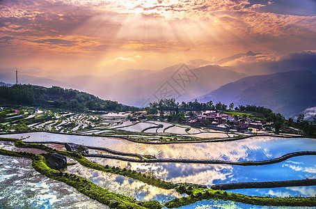 秋天天空元阳梯田的晚霞背景