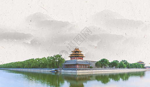 中国风古楼远山水墨海报背景图片