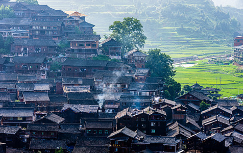 袅袅炊烟西江苗寨背景