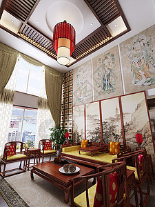 新中式客厅效果图实木家具高清图片素材