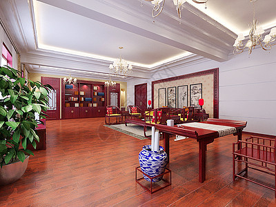 新中式办公室效果图红色实木高清图片素材
