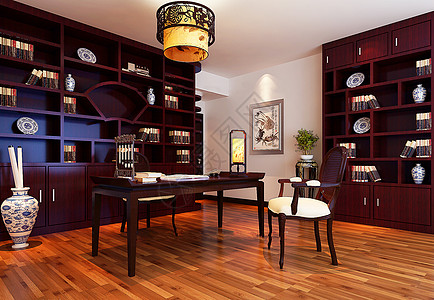 室内桌新中式书房效果图背景