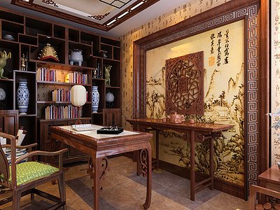 新中式书房效果图中式风格高清图片素材
