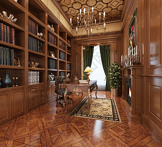 木走廊中式书房效果图背景