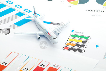 放在数据报表上的飞机模型背景图片