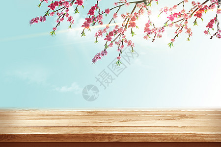清空桃花阳光木质桌高清图片