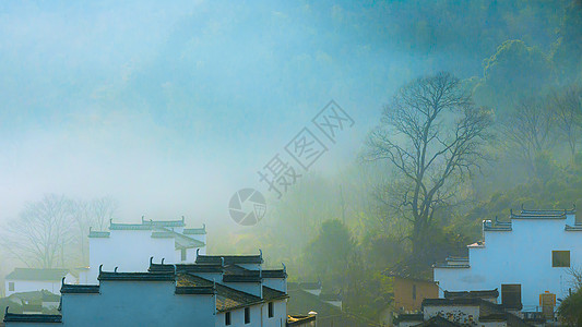 城市小广告江西婺源山村晨雾背景