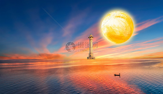 月亮下的灯塔和划船的人背景图片