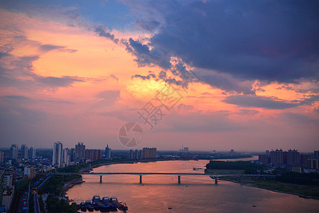 碧江金楼景观江面夕阳背景