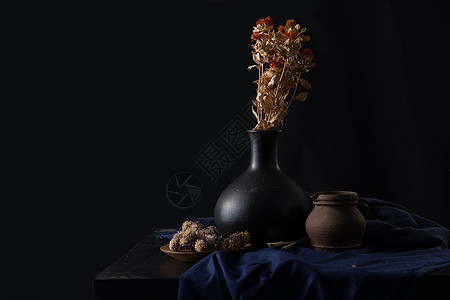 深色纹理干花花瓶设计背景素材背景