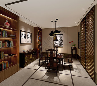 新中式简约室内中式传统书房室内设计效果图背景