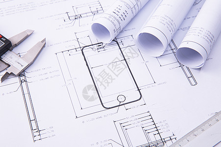 科学施工工程图纸与游标卡尺背景