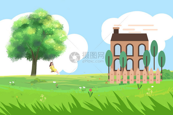 房子树木青草地蓝天白云卡通背景