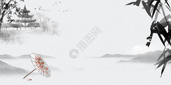 水墨古镇中国风水墨画设计图片
