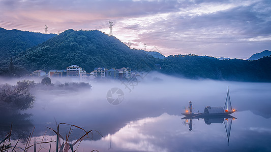 清晨的太阳意境渔村背景