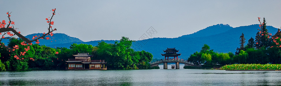 桃花与古建筑山与水-花与鸟设计图片