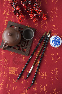 大红背景水墨中国风书法茶道图片