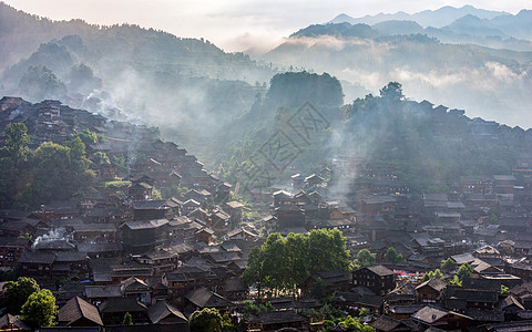 大气背景西江苗寨晨烟背景