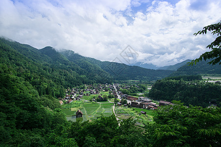 蓝天白日本白川乡的夏日背景