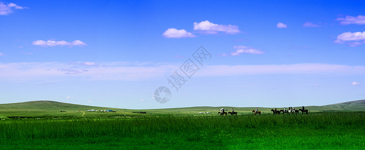 内蒙古风景辽阔的草原与马队背景