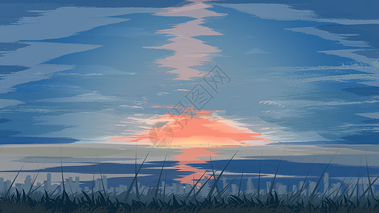 夕阳海面手绘夕阳下的天空插画