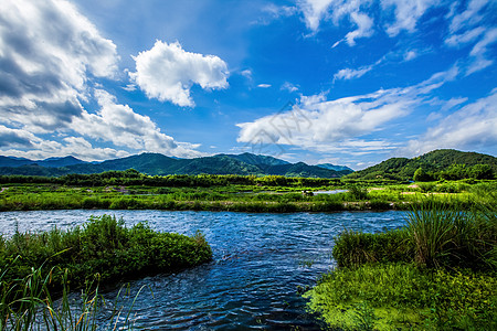 蓝天下的绿色山峦和草地图片