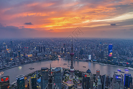 夕阳风景上海环球观光厅看出去的上海天际线背景