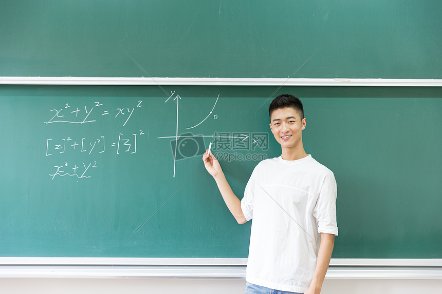 站在大黑板前思考的男生老师图片