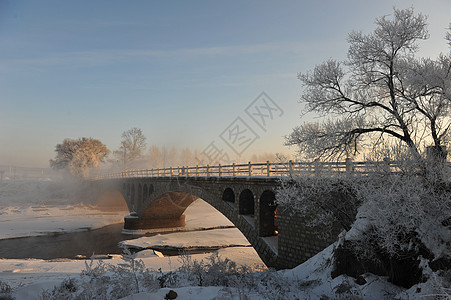 晚霞风景雪中的桥背景