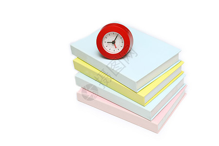 红色时钟和彩色书籍摆拍高清图片