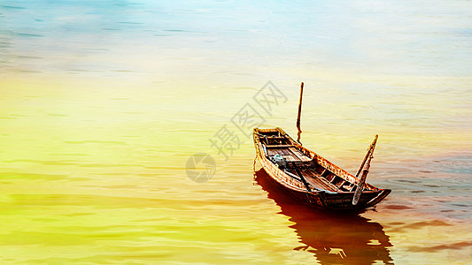 油画日出夕阳余晖下的渔船背景