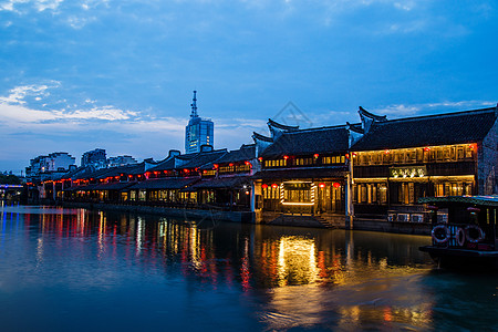 浙江义乌浙江嘉兴历史月河街夜景背景